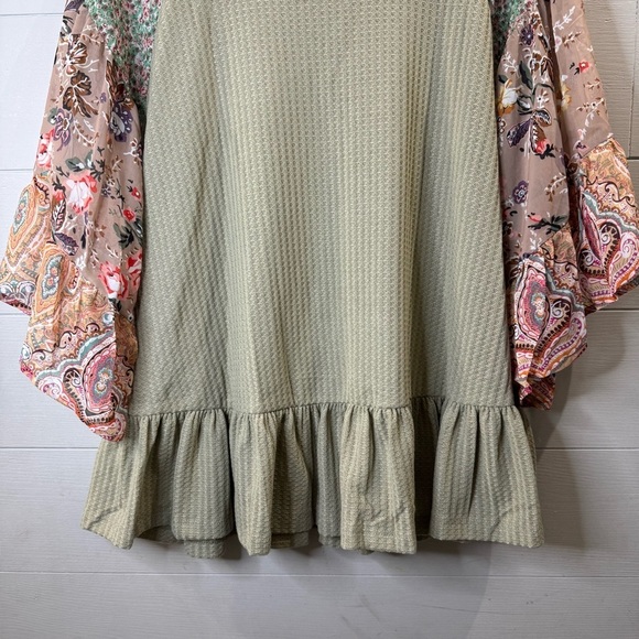 Umgee | Women's Green Thermal Mixed Print Boho Sleeves Peplum Hem Top Size XL - Picture 10 of 10